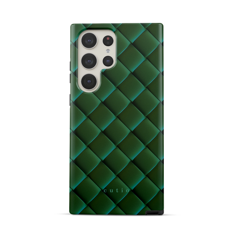 Satin Viridian tough phone case featuring sleek crisscross pattern in deep satin viridian green, front view on Samsung Galaxy phone