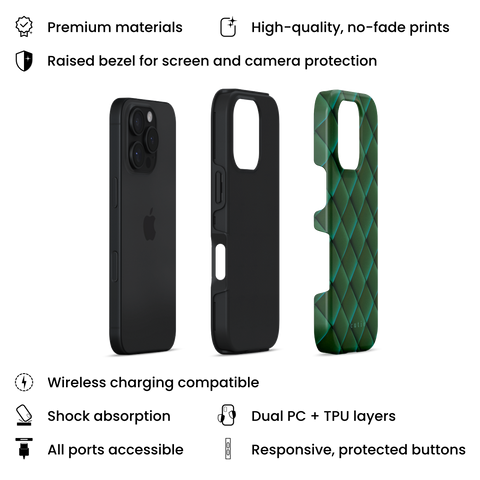 Satin Viridian tough phone case featuring sleek crisscross pattern in deep satin viridian green, layers view on iPhone