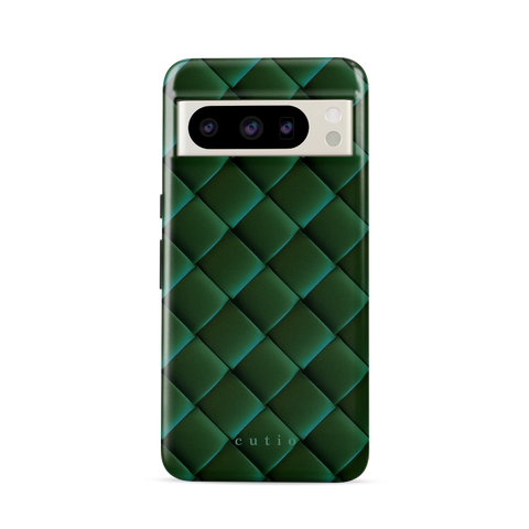 Satin Viridian tough phone case featuring sleek crisscross pattern in deep satin viridian green, front view on Google Pixel phone