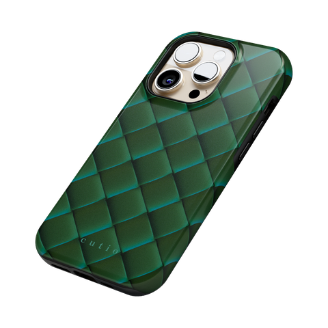 Satin Viridian tough phone case featuring sleek crisscross pattern in deep satin viridian green, side view on iPhone