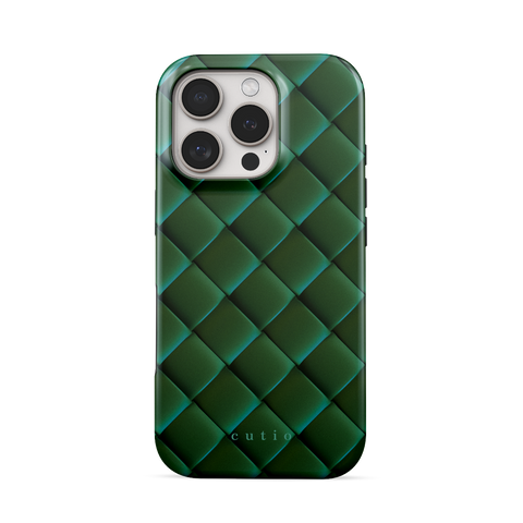 Satin Viridian tough phone case featuring sleek crisscross pattern in deep satin viridian green, front view on iPhone