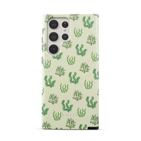 Sea Garden tough phone case featuring glossy green seaweed and algae illustrations over a pale mint green background, front view on Samsung Galaxy phone