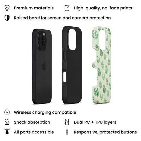 Sea Garden tough phone case featuring glossy green seaweed and algae illustrations over a pale mint green background, layers view on iPhone