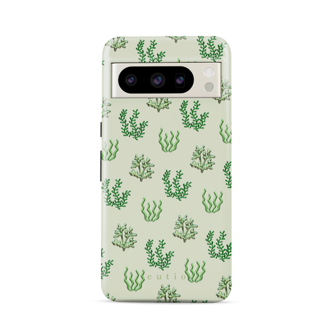 Sea Garden tough phone case featuring glossy green seaweed and algae illustrations over a pale mint green background, front view on Google Pixel phone