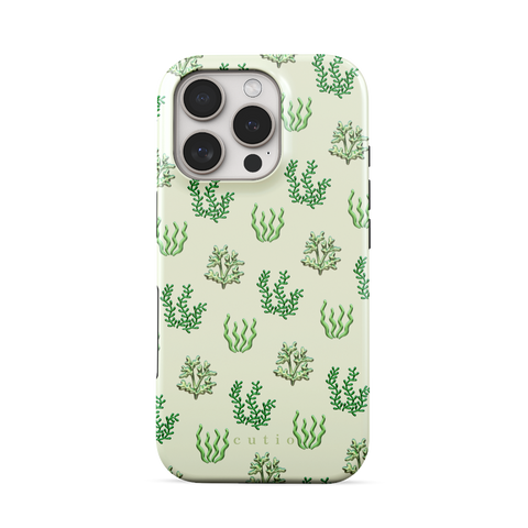 Sea Garden tough phone case featuring glossy green seaweed and algae illustrations over a pale mint green background, front view on iPhone