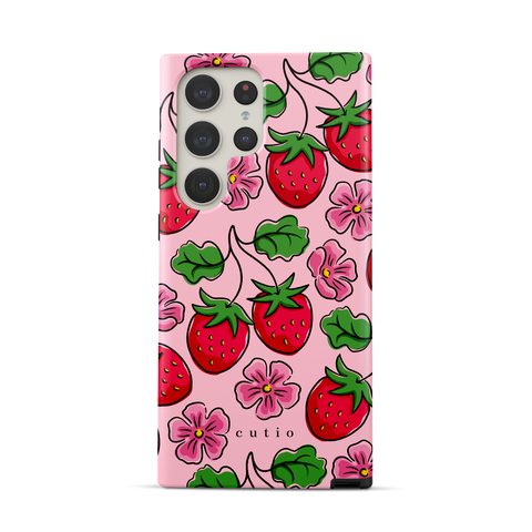 Strawberry Patch tough phone case featuring hand-drawn red strawberries with green leaves and pink flowers on a soft pink background, front view on Samsung Galaxy phone
