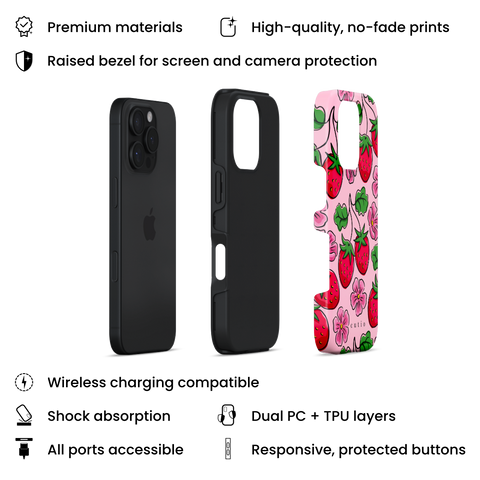 Strawberry Patch tough phone case featuring hand-drawn red strawberries with green leaves and pink flowers on a soft pink background, layers view on iPhone