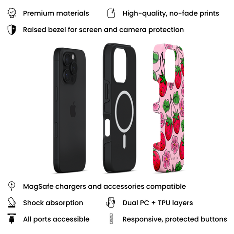 Strawberry Patch MagSafe phone case featuring hand-drawn red strawberries with green leaves and pink flowers on a soft pink background, layers view on iPhone
