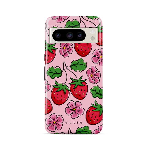 Strawberry Patch tough phone case featuring hand-drawn red strawberries with green leaves and pink flowers on a soft pink background, front view on Google Pixel phone