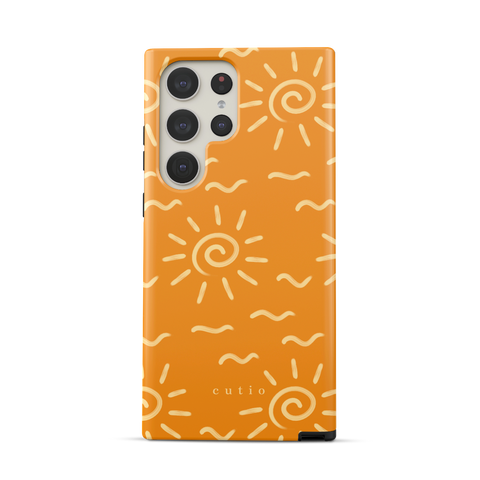 Summer Heat tough phone case featuring playful beige sun spiral and wave lines across a rich orange background, radiating heat and energy, front view on Samsung Galaxy phone
