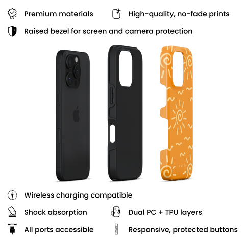 Summer Heat tough phone case featuring playful beige sun spiral and wave lines across a rich orange background, radiating heat and energy, layers view on iPhone