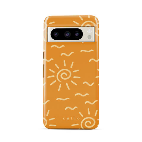 Summer Heat tough phone case featuring playful beige sun spiral and wave lines across a rich orange background, radiating heat and energy, front view on Google Pixel phone