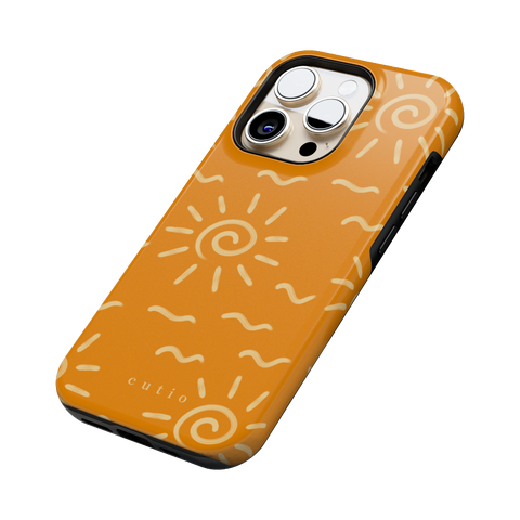 Summer Heat tough phone case featuring playful beige sun spiral and wave lines across a rich orange background, radiating heat and energy, side view on iPhone