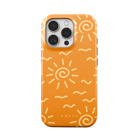 Summer Heat tough phone case featuring playful beige sun spiral and wave lines across a rich orange background, radiating heat and energy, front view on iPhone