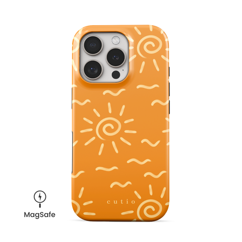 Summer Heat MagSafe phone case featuring playful beige sun spiral and wave lines across a rich orange background, radiating heat and energy, front view on iPhone