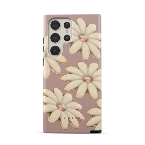 Tender tough phone case featuring delicate 3D white daisies on a soft mauve background, front view on Samsung Galaxy phone