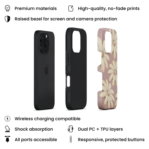 Tender tough phone case featuring delicate 3D white daisies on a soft mauve background, layers view on iPhone