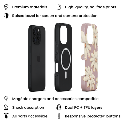 Tender MagSafe phone case featuring delicate 3D white daisies on a soft mauve background, layers view on iPhone
