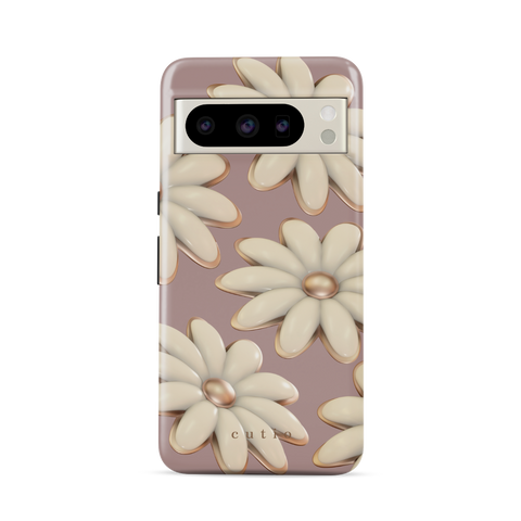 Tender tough phone case featuring delicate 3D white daisies on a soft mauve background, front view on Google Pixel phone
