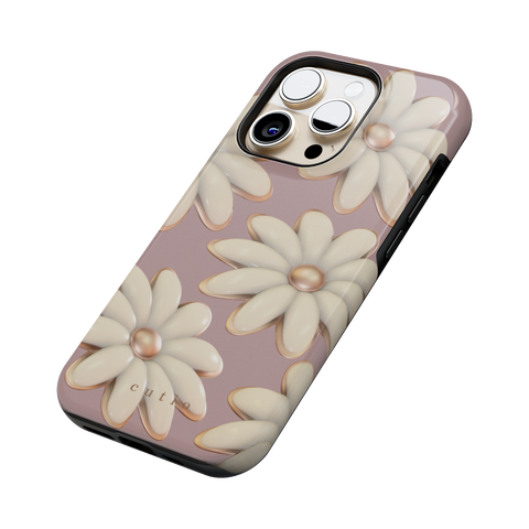 Tender tough phone case featuring delicate 3D white daisies on a soft mauve background, side view on iPhone