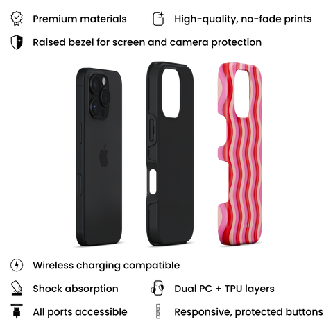 Unwind tough phone case featuring bold Y2K-inspired groovy waves design in red, pink, and beige tones, layers view on iPhone