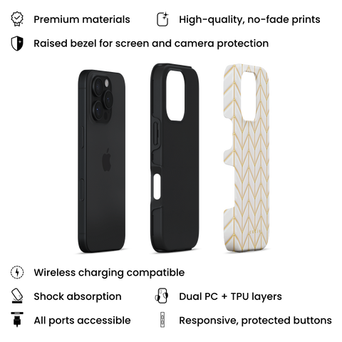 White Chevron tough phone case featuring 3D-effect glossy white chevron pattern with gold trim details, layers view on iPhone