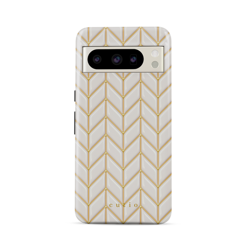 White Chevron tough phone case featuring 3D-effect glossy white chevron pattern with gold trim details, front view on Google Pixel phone