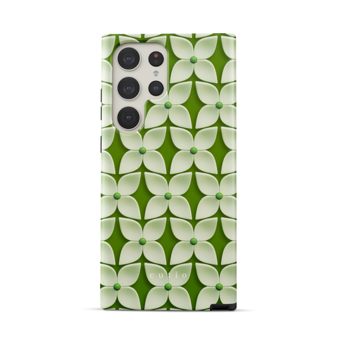 White Hydrangea tough phone case featuring abstract glossy white hydrangea flower pattern with green centers on a soft green background, front view on Samsung Galaxy phone