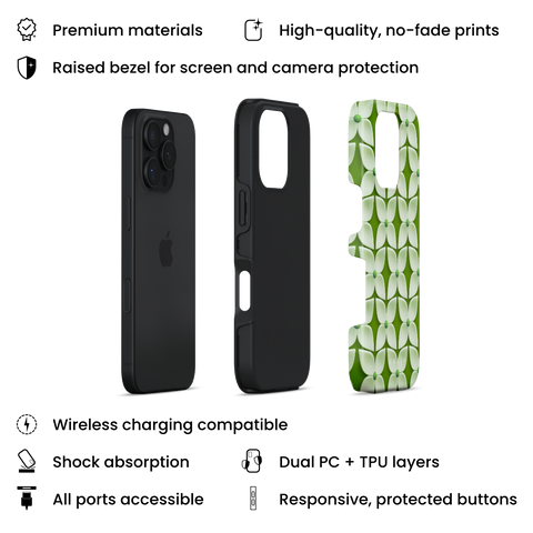 White Hydrangea tough phone case featuring abstract glossy white hydrangea flower pattern with green centers on a soft green background, layers view on iPhone