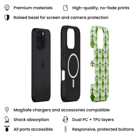 White Hydrangea MagSafe phone case featuring abstract glossy white hydrangea flower pattern with green centers on a soft green background, layers view on iPhone
