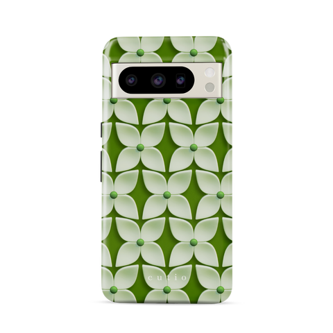 White Hydrangea tough phone case featuring abstract glossy white hydrangea flower pattern with green centers on a soft green background, front view on Google Pixel phone