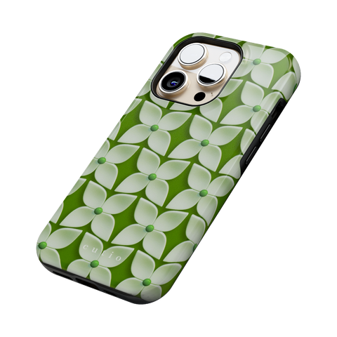 White Hydrangea tough phone case featuring abstract glossy white hydrangea flower pattern with green centers on a soft green background, side view on iPhone