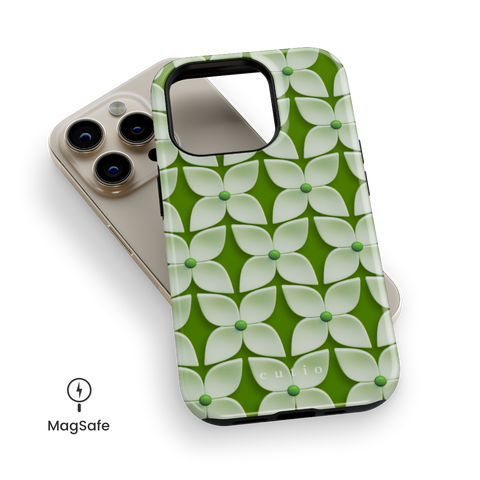 White Hydrangea MagSafe phone case featuring abstract glossy white hydrangea flower pattern with green centers on a soft green background, top down view on iPhone