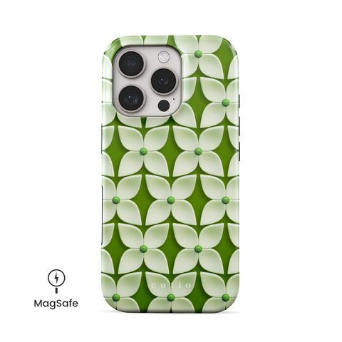 White Hydrangea MagSafe phone case featuring abstract glossy white hydrangea flower pattern with green centers on a soft green background, front view on iPhone