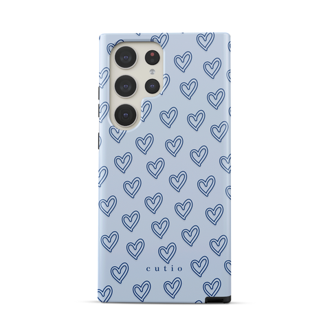 With Love - Dusty Blue tough phone case featuring small hand-drawn heart pattern on a soft dusty blue background, front view on Samsung Galaxy phone