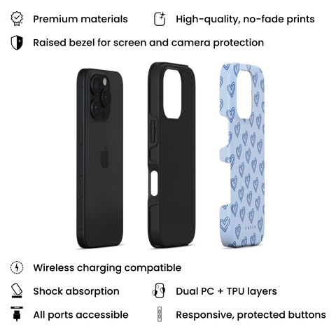 With Love - Dusty Blue tough phone case featuring small hand-drawn heart pattern on a soft dusty blue background, layers view on iPhone