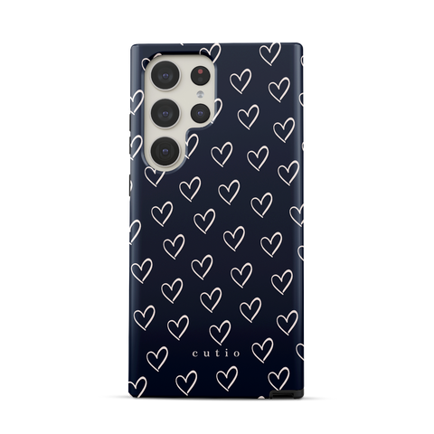 With Love - Navy Blue tough phone case featuring small hand-drawn heart pattern in off-white on a deep navy blue background, front view on Samsung Galaxy phone