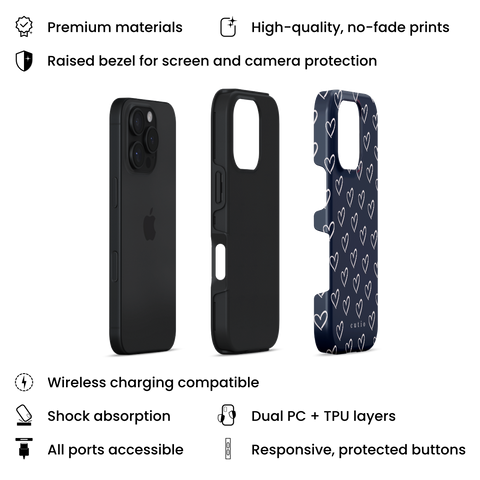 With Love - Navy Blue tough phone case featuring small hand-drawn heart pattern in off-white on a deep navy blue background, layers view on iPhone