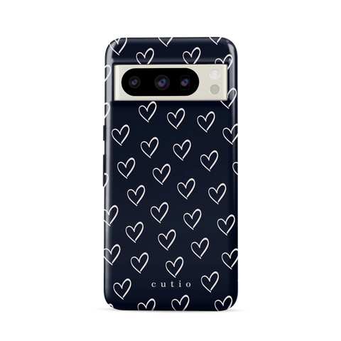 With Love - Navy Blue tough phone case featuring small hand-drawn heart pattern in off-white on a deep navy blue background, front view on Google Pixel phone