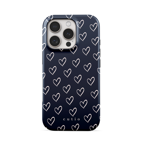 With Love - Navy Blue tough phone case featuring small hand-drawn heart pattern in off-white on a deep navy blue background, front view on iPhone