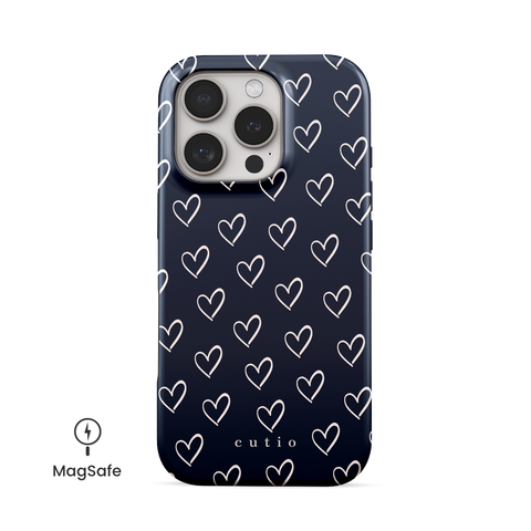 With Love - Navy Blue MagSafe phone case featuring small hand-drawn heart pattern in off-white on a deep navy blue background, front view on iPhone