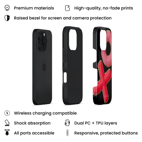 XO tough phone case featuring 3D-effect XO design in bright red and pink with gold trim accents on a black background, layers view on iPhone