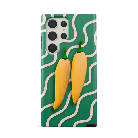 Yellow Sweet Chillies tough phone case featuring playful yellow chillies on a green abstract background, front view on Samsung Galaxy phone