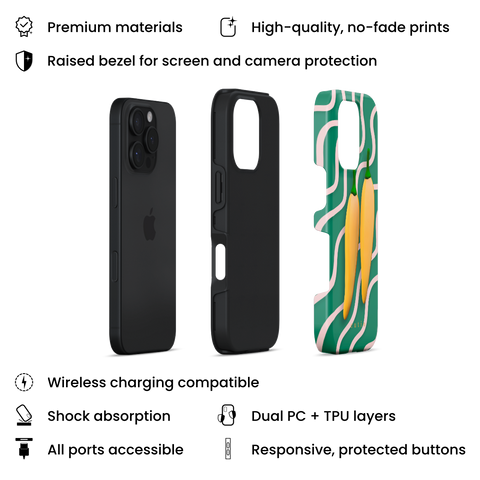 Yellow Sweet Chillies tough phone case featuring playful yellow chillies on a green abstract background, layers view on iPhone