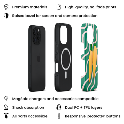 Yellow Sweet Chillies MagSafe phone case featuring playful yellow chillies on a green abstract background, layers view on iPhone