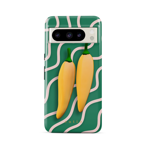 Yellow Sweet Chillies tough phone case featuring playful yellow chillies on a green abstract background, front view on Google Pixel phone