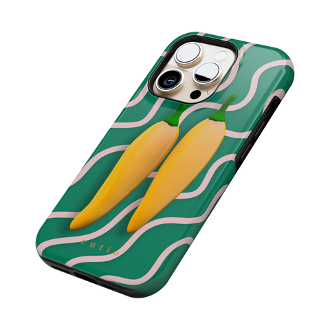 Yellow Sweet Chillies tough phone case featuring playful yellow chillies on a green abstract background, side view on iPhone
